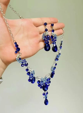 复古蓝色皓石项链耳环套装女轻奢夸张颈链名媛千金晚礼服新娘配饰