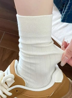 白色无骨堆堆袜子女款纯色棉中筒袜春夏季薄款透气防臭月子长筒袜