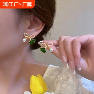 S925银针清新森系耳饰韩版气质优雅少女花卉耳钉合成镶嵌绿色耳环