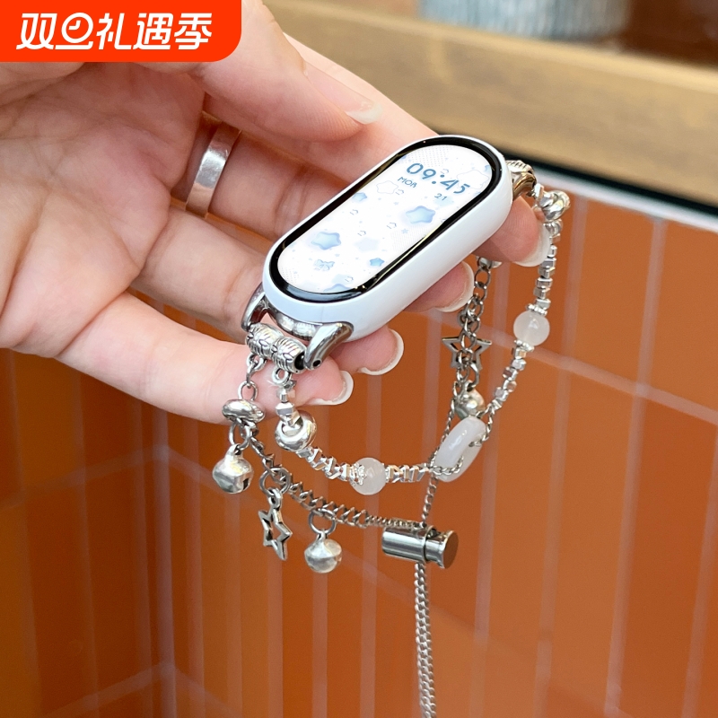适用于小米手环10表带9/8爆款清岁岁平安手链式7/6/5/4/3NFC版腕带铃铛平安扣替换带10代陶瓷版黑色透明银色