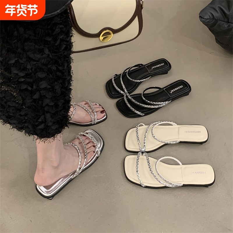 低跟法式水钻小凉拖鞋外穿女鞋2025新款夏季仙女风配裙子银色凉鞋,女鞋,一字拖,淘宝优惠券,粉丝福利购,淘宝优惠卷
