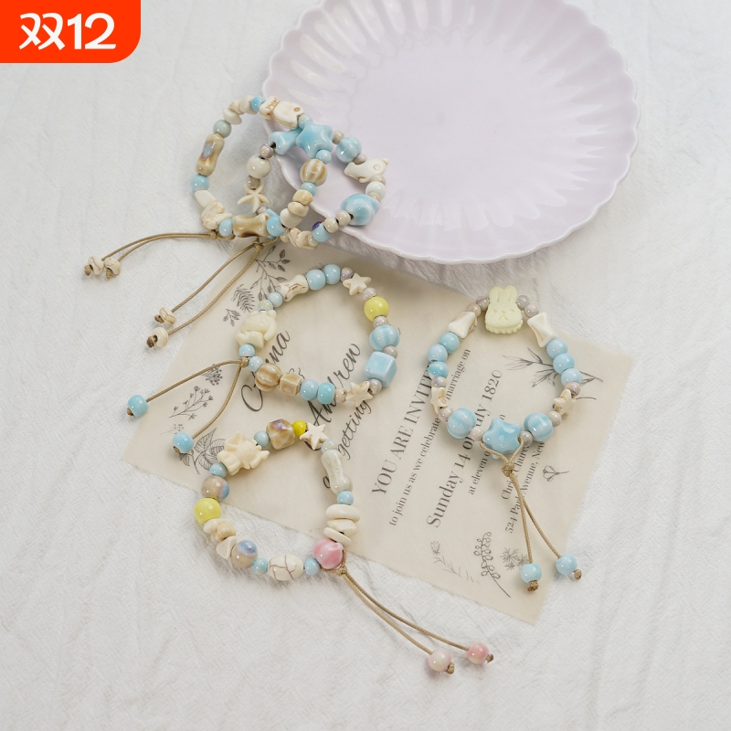 新款新中式时尚手链女串珠小众陶瓷复古气质手串小清新 饰品