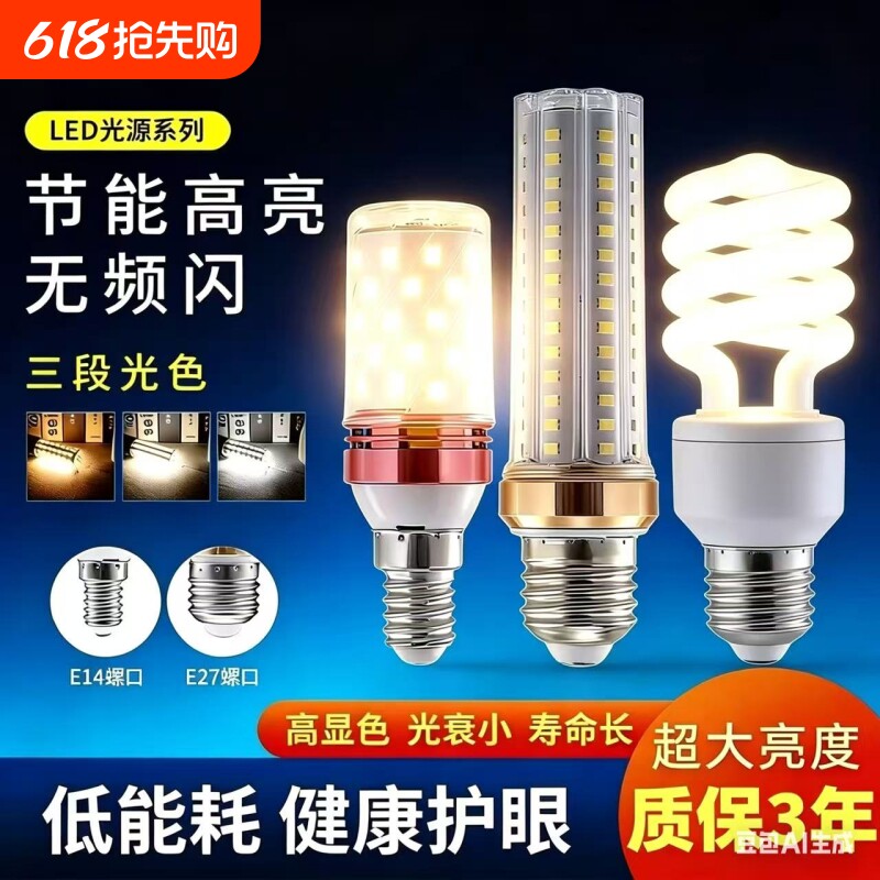 led灯泡e14e27大小螺口家用节能超亮吊灯led玉米三色变光