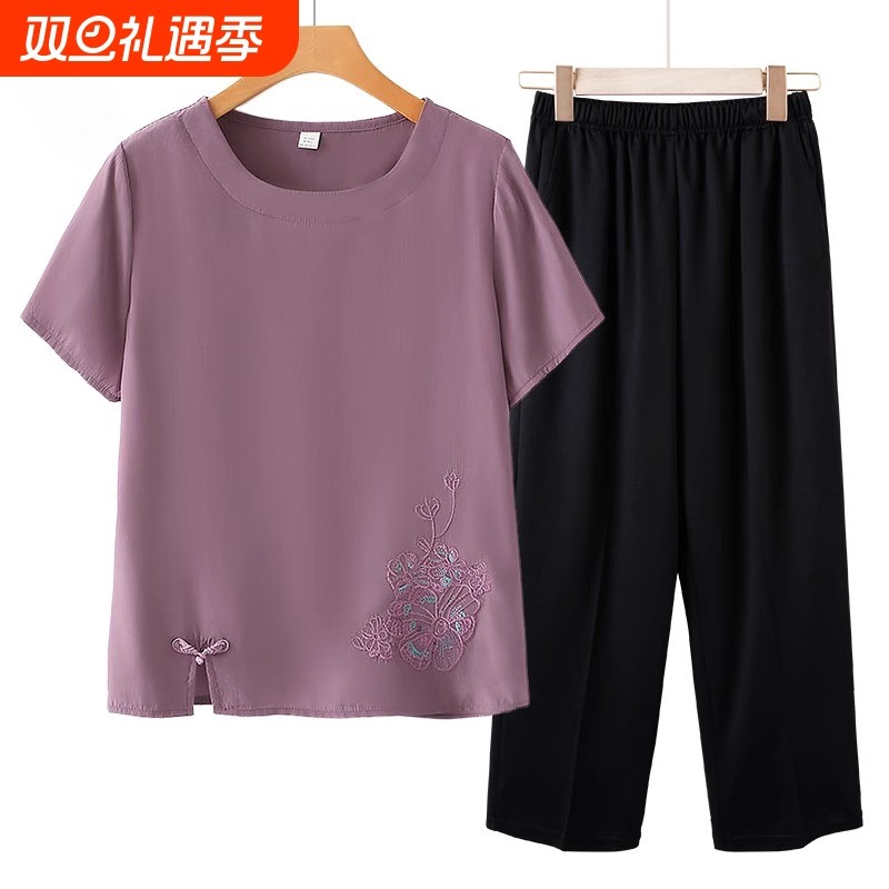 中年妈妈棉麻套装2025夏装新款中老年人女装夏季衣服洋气短袖上衣