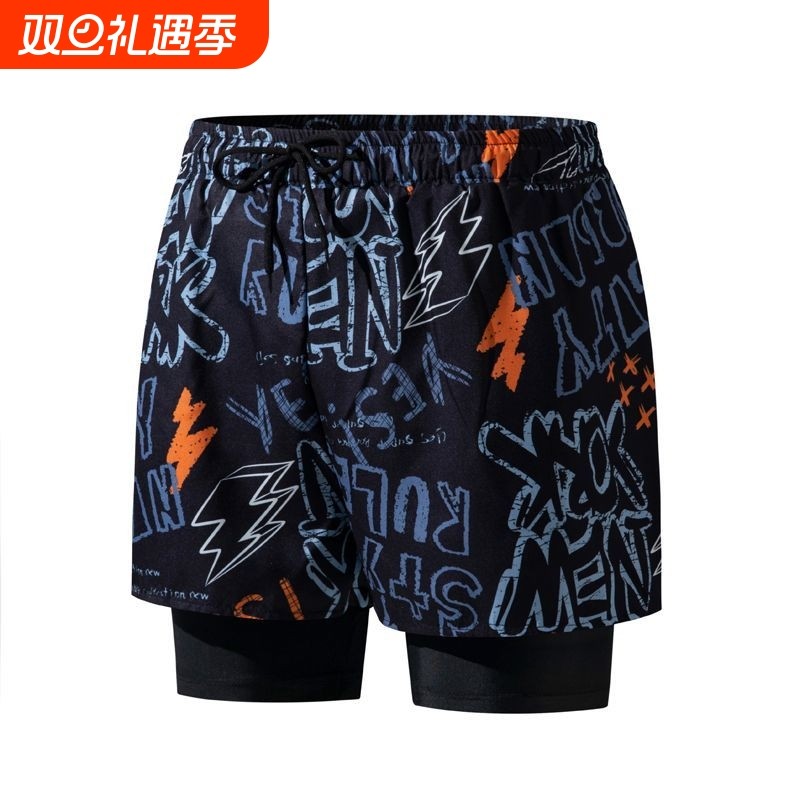 泡温泉男士双层泳裤宽松防尴尬休闲加肥大码简约速干透气沙滩游泳