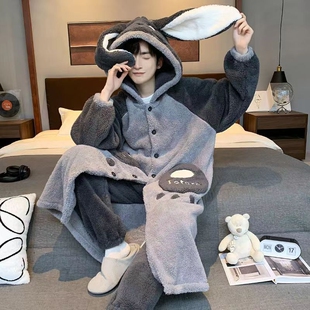 缇男士秋冬季加厚珊瑚绒加绒特大码长款睡袍法兰绒家居服可外穿