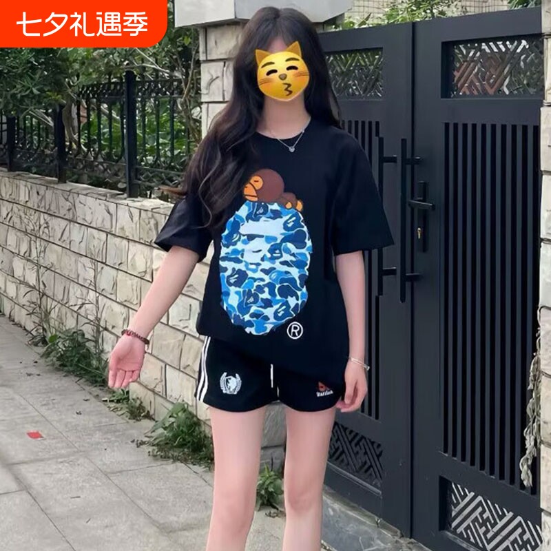 ape短袖t恤夏季男女学生潮牌纯棉猿人迷彩SHARK BAPE中大童亲子装