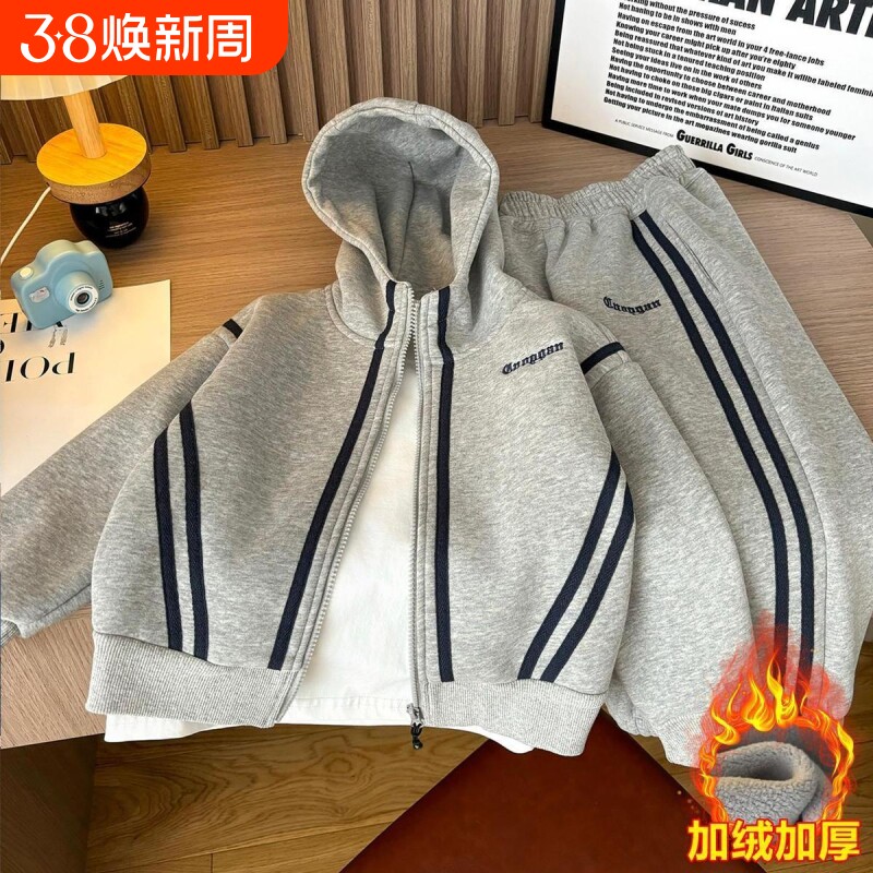 儿童连帽男童套装2025新款运动休闲加绒加厚卫衣宝宝两件套洋气潮