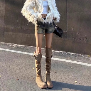 高筒 春秋长靴2024新款 热风圈牛皮版 两穿过膝长筒靴棕色靴子女款