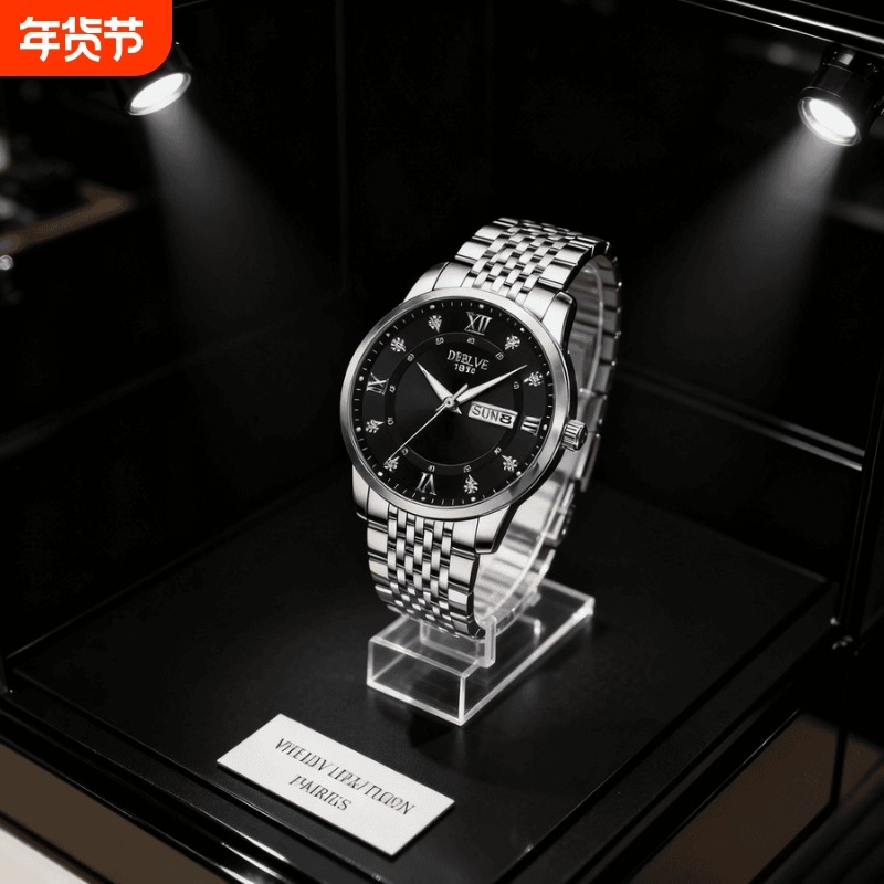 正品瑞士2024新款手表男士全自动机械风防水精钢带双日历男表夜光