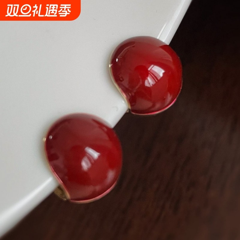 「红朗姆酒」酒红气质红豆蚊香盘红色耳夹无耳洞环复古赫本风耳饰
