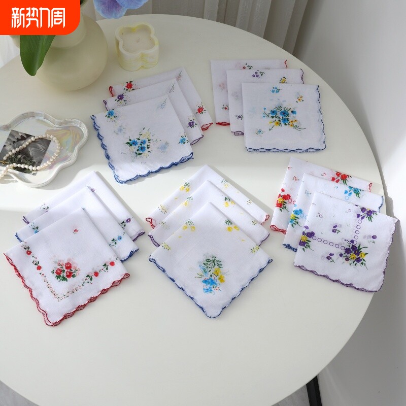全棉印花手帕女士手帕月牙边复古吸汗清爽小手帕女士小手绢碎花