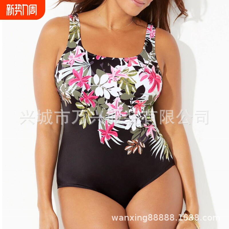 大码连体宽松泳装2020亚马逊定位性感比基尼遮肚一体泳衣女显瘦感