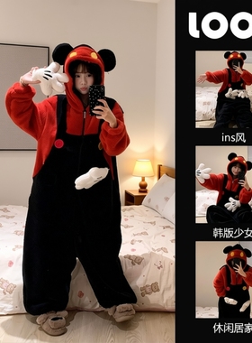 米奇珊瑚绒连体睡衣睡袍秋冬可外穿可出门休闲家居服套装加绒加厚