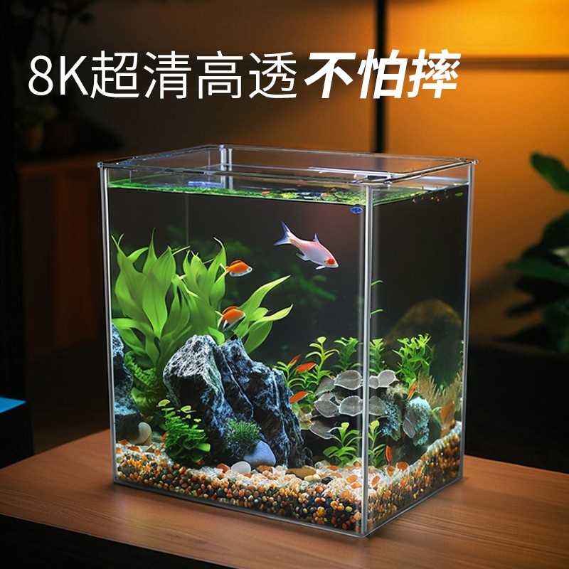 鱼缸新款客厅过滤桌面生态制氧小型造景亚克力带盖乌龟饲养缸底部