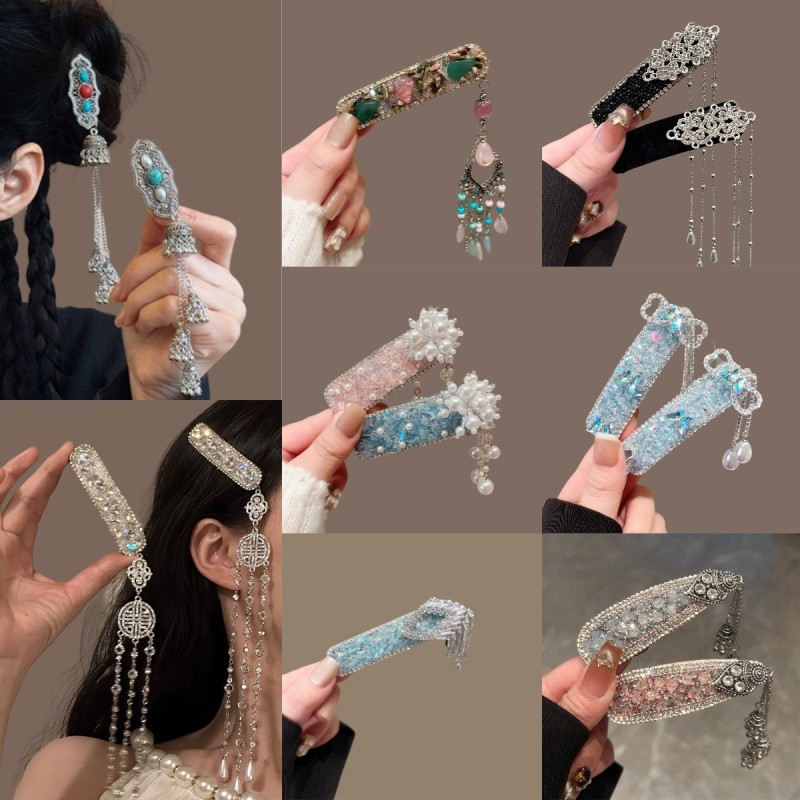 民族风流苏bb夹重工发夹女高级感水晶碎发夹发卡发饰水钻串珠铃铛