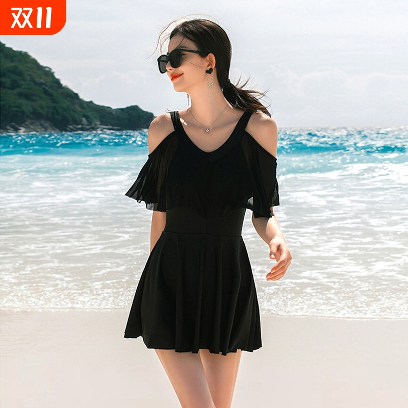 泳衣女2024新款爆款连体荷叶边遮肉显瘦温泉黑色游泳衣遮肚腩