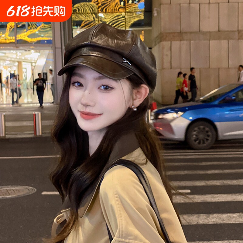 PU皮质八角帽大头围帽子女2025新款秋冬季复古显脸小画家贝雷帽