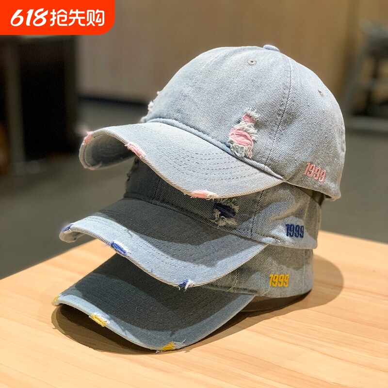 新款破洞牛仔棒球帽女欧美时尚刺绣鸭舌帽遮阳帽粉色红色蓝色紫色
