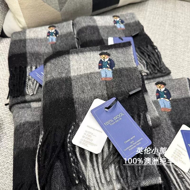 围巾英国订小熊100%澳洲羊毛英伦风男女情侣格子加厚冬季黑白红格