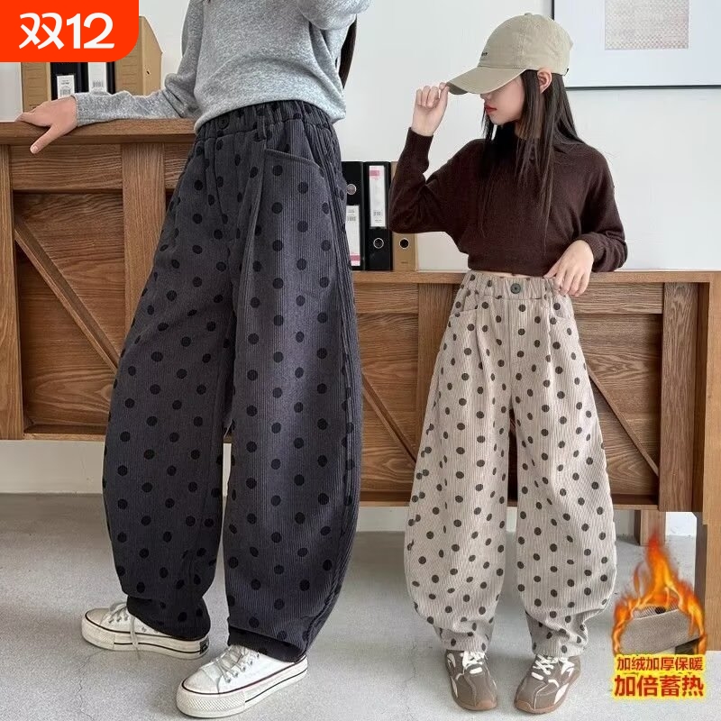女童裤子2025秋冬新款韩版波点灯芯绒加绒休闲裤儿童宽松洋气长裤