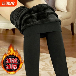 加绒加厚打底裤女秋冬连裤袜棉裤弹力秋裤踩脚保暖裤子黑色薄绒