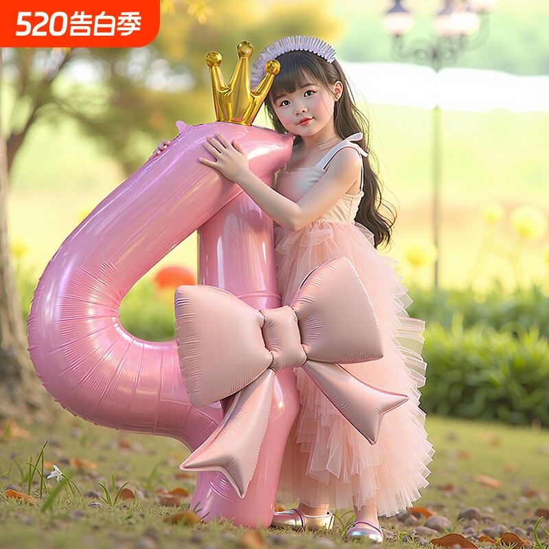 儿童蝴蝶结数字气球四岁小女孩生日场景布置装饰粉色户外拍照道具