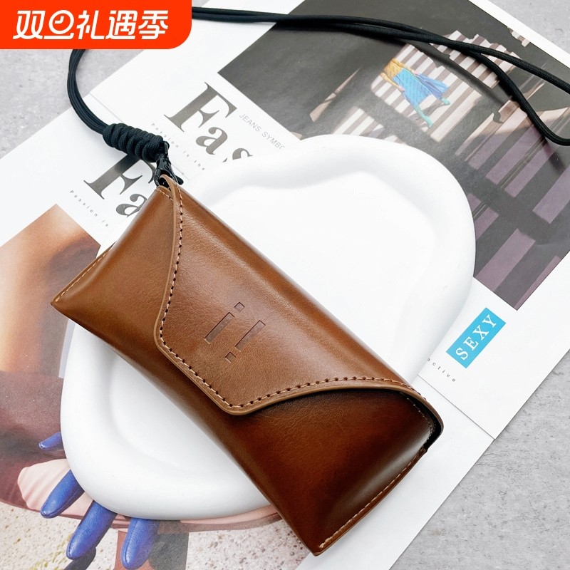 复古油边眼镜盒PU太阳镜盒抗压墨镜盒简约时尚挂脖磁吸眼镜收纳盒