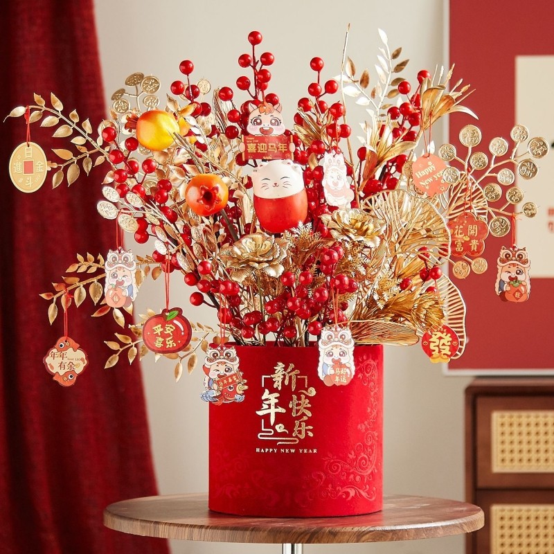 红果福桶年宵花过年花束新年乔迁摆件装饰布置仿真花结婚礼物新居