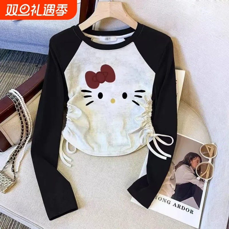 女童春秋季长袖纯棉T恤2024新款儿童洋气抽绳中大童打底上衣公主