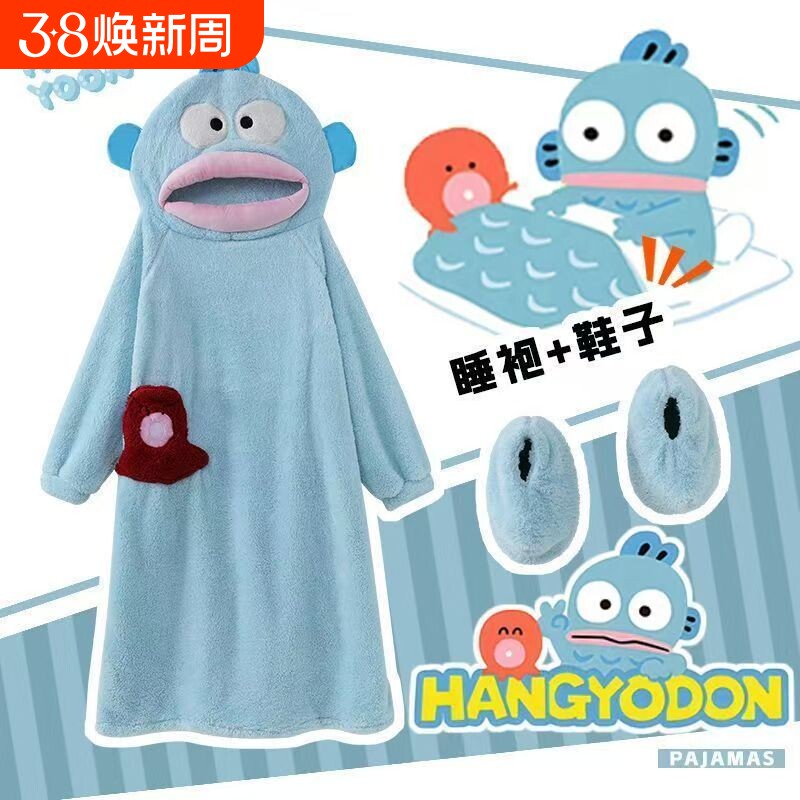 小丑鱼儿童连体睡衣秋冬季珊瑚绒可爱搞怪连帽睡袍睡裙加厚小女孩