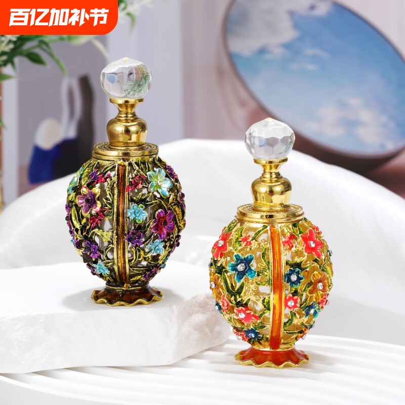 跨境12ML镂空珐琅彩复古宫廷香水分装瓶精油瓶香精化妆水合金玻璃