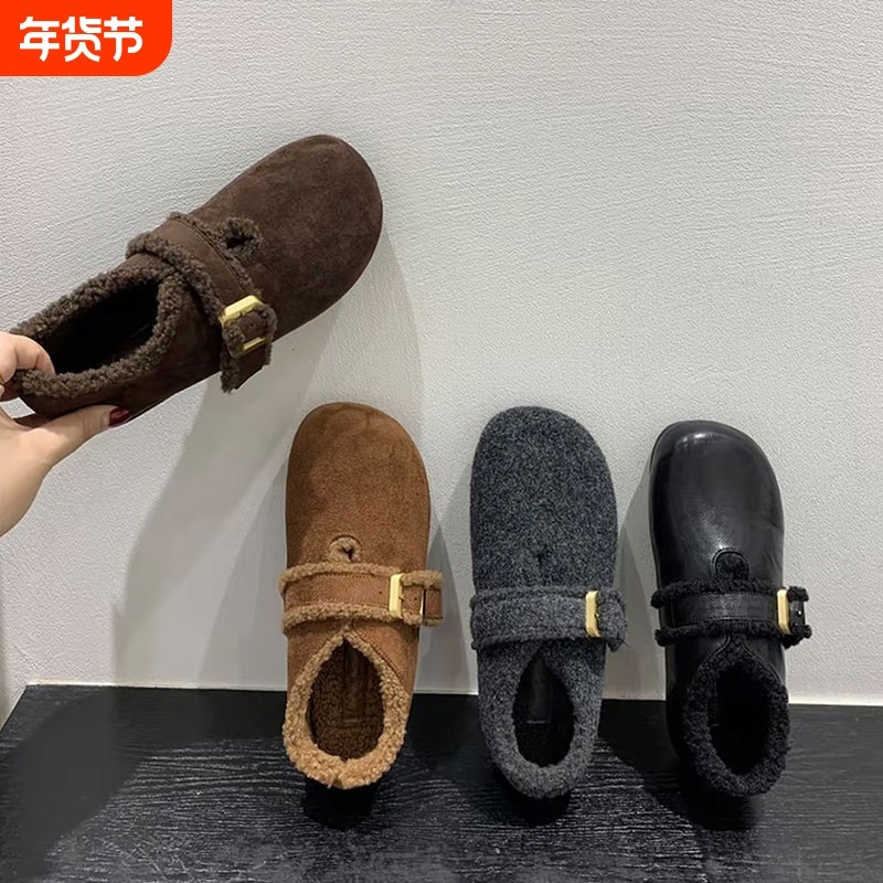 毛呢全包加绒勃肯鞋女2025秋冬新款保暖乐福鞋一脚蹬棉鞋黑色灰色,女鞋,勃肯鞋/软木鞋,淘宝优惠券,粉丝福利购,淘宝优惠卷