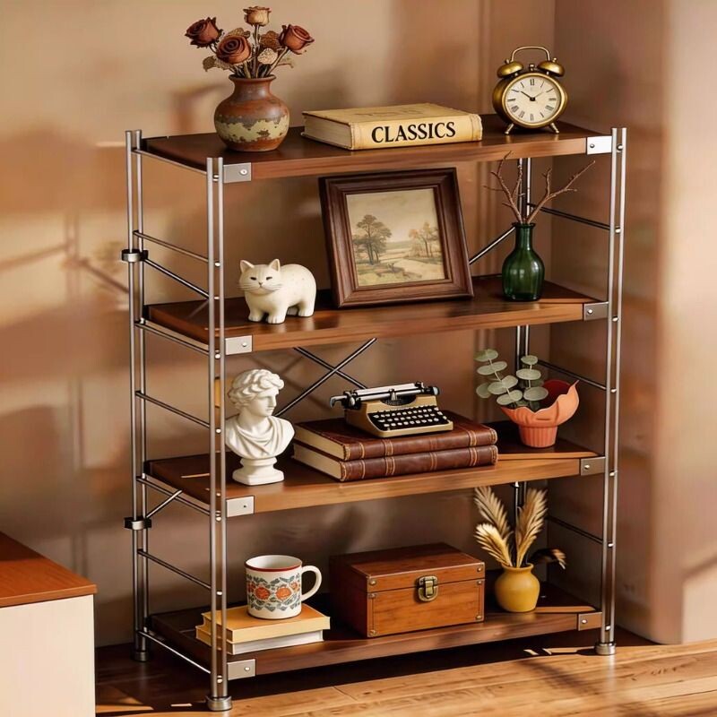 简约中古风落地收纳架子客厅厨房阳台储物架多层书架日式置物架