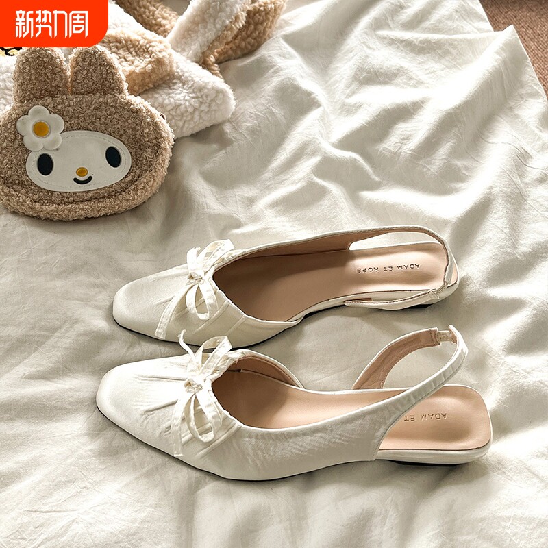 法式小方头坡跟包头凉鞋女2026夏季新款仙女风褶皱蝴蝶结后空单鞋