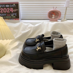 松糕厚底增高乐福鞋女2024新款秋季一脚蹬英伦风小皮鞋复古单鞋子