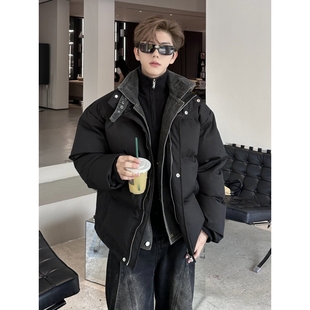 户外痞帅高级感牛仔拼接羽绒棉衣男款 面包棉服 韩系穿搭假两件冬季