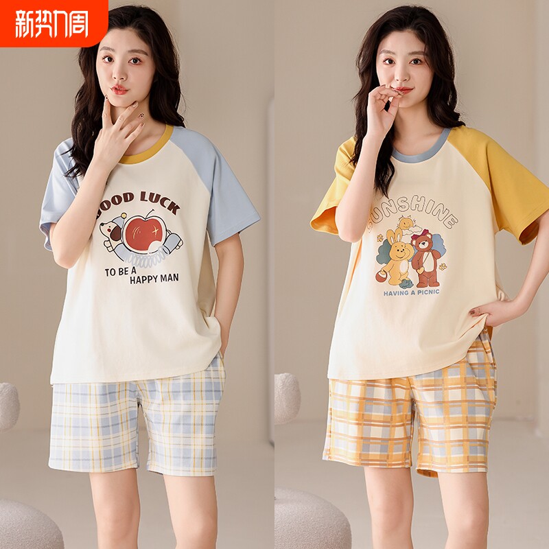 纯棉睡衣女夏季薄款短袖短裤甜美夏天宽松大码韩版休闲家居服套装