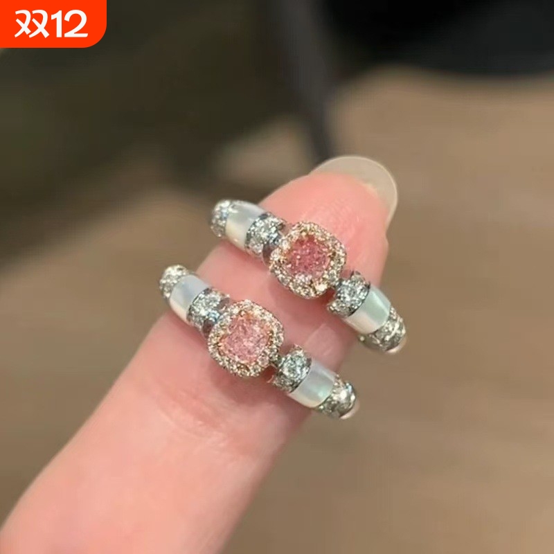 法式甜酷风粉色方糖戒指中古vintage小众轻奢时尚温柔开口食指戒