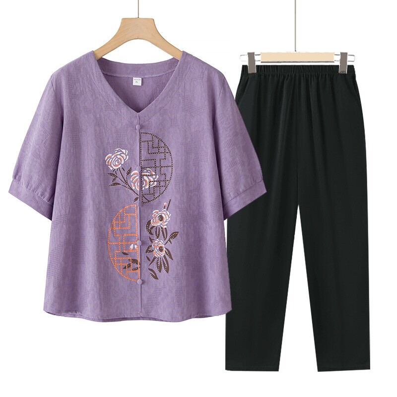 妈妈夏装小衫套装新款中老年女棉麻上衣奶奶夏季洋气短袖t恤衣服