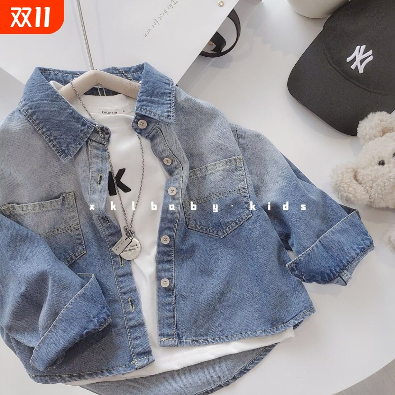 儿童外套男童春秋渐变色韩版牛仔衬衣2025新款男宝外套长袖帅气16