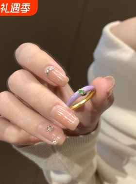 个性时尚可爱紫色几何方形镶嵌戒指女小众百搭轻奢指环开口可调节