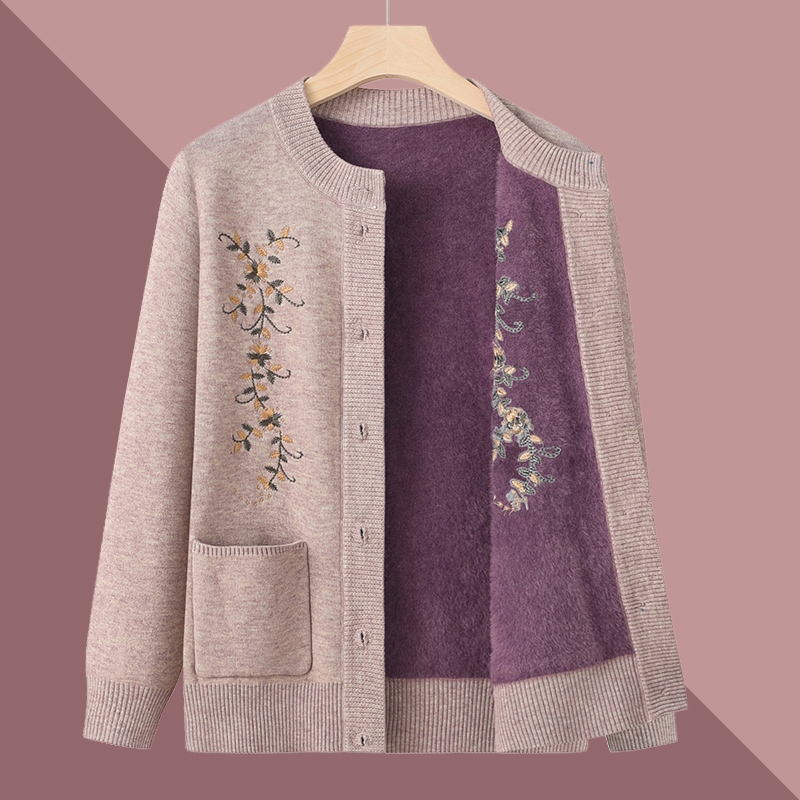 中老年人毛衣外套中年妈妈春秋保暖衣女奶奶装秋冬加绒上衣服开衫