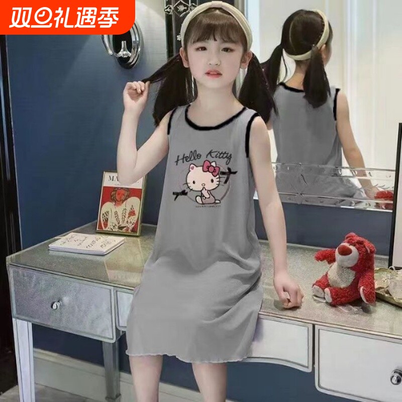 新款冰丝莫代尔女童夏季背心裙公主睡衣裙母女亲子家居服库洛米