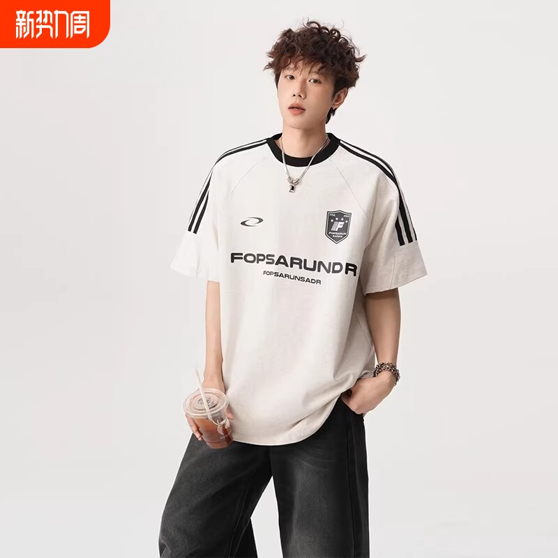 美式街头三条杠短袖男女2026夏季宽松T恤青少年重磅运动体恤黑色