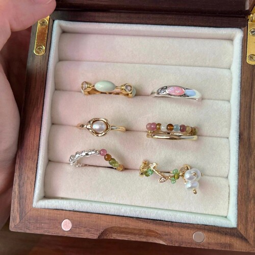 轻奢碧玺戒指女小众设计高级感珍珠珐琅装饰可爱串珠闺蜜食指指环