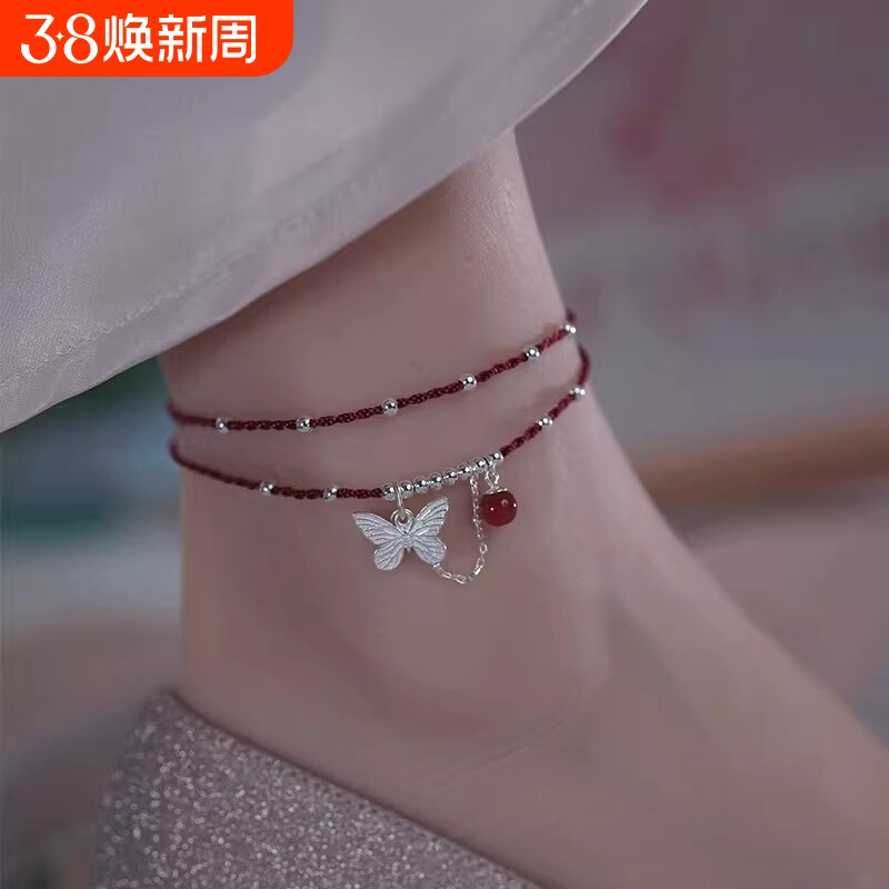 热门款蝴蝶链红玛瑙红绳脚链女生款手工编织简约2026年新款潮手链