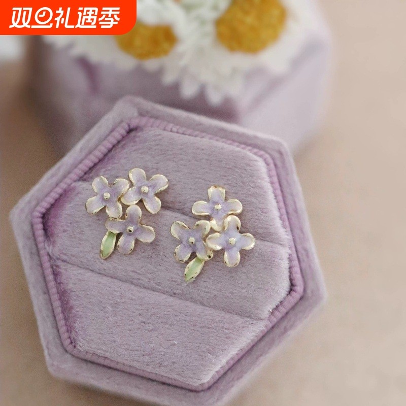 夏天甜美紫色珐琅花朵仙气耳环森系艺术生耳钉女小巧精致耳饰品