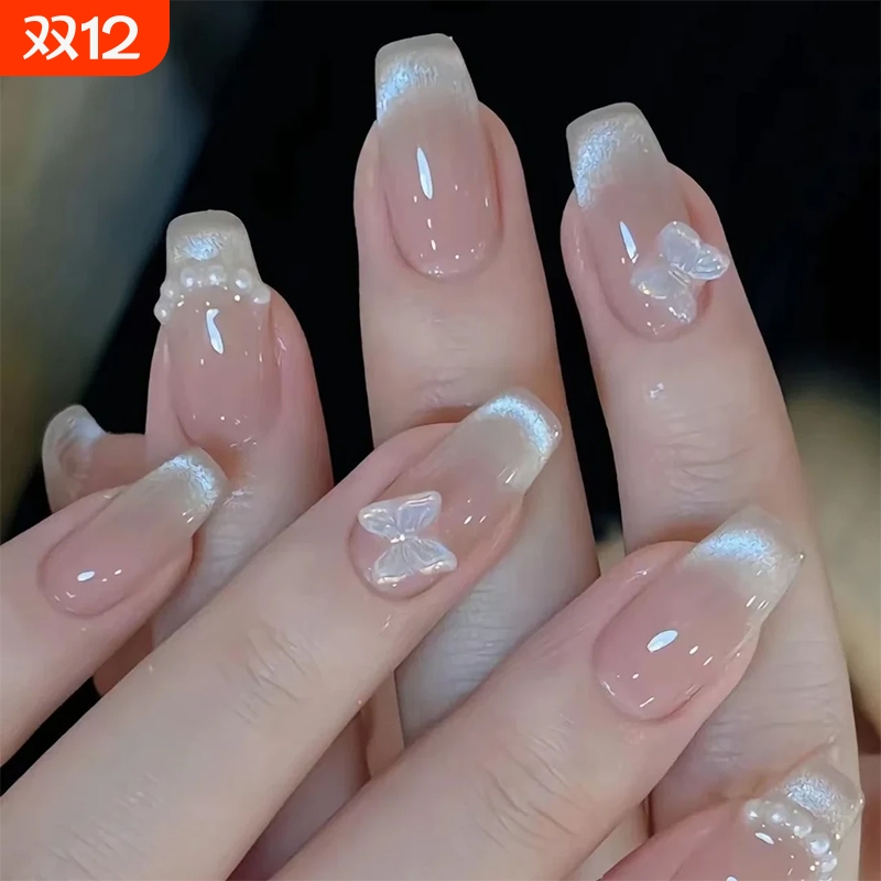 晶石猫眼美甲短款立体蝴蝶法式中长款2025新款高级感穿戴甲贴片