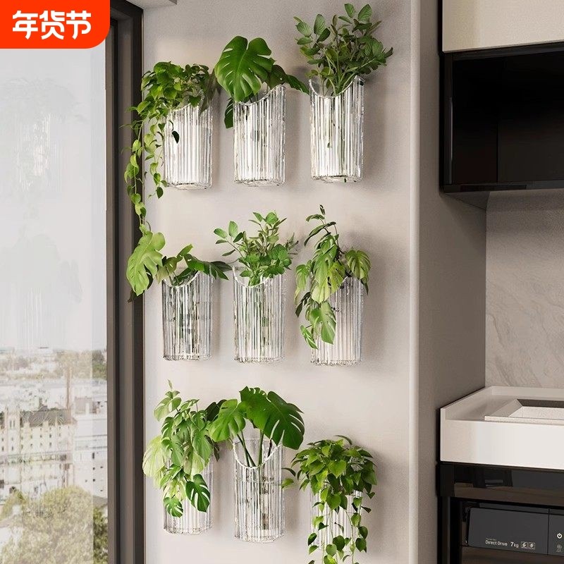 水培绿植花盆挂墙上吊兰绿萝器皿透明免打孔装饰壁挂花瓶上墙墙面,收纳整理,壁式收纳盒,淘宝优惠券,粉丝福利购,淘宝优惠卷